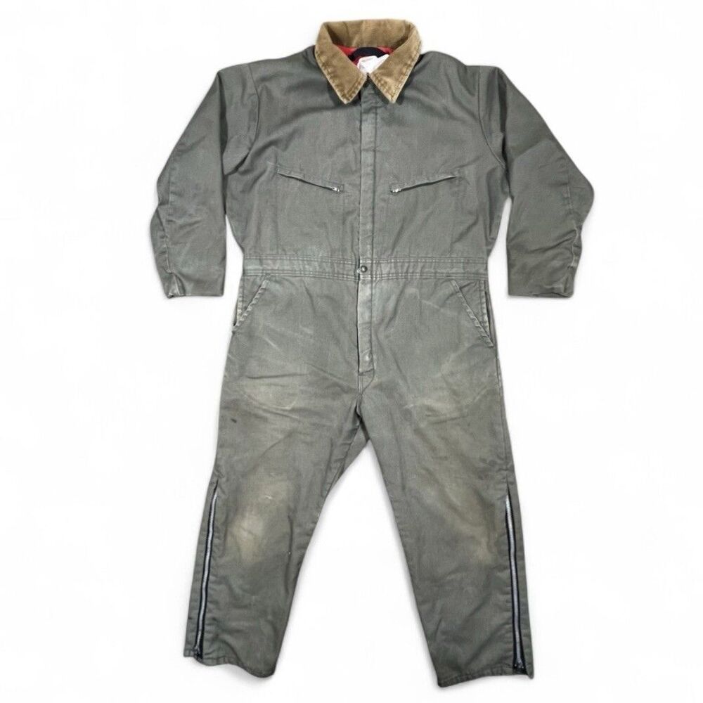 1960s Key Imperial Olive Green Insulated Coveralls USA Talon Large Short